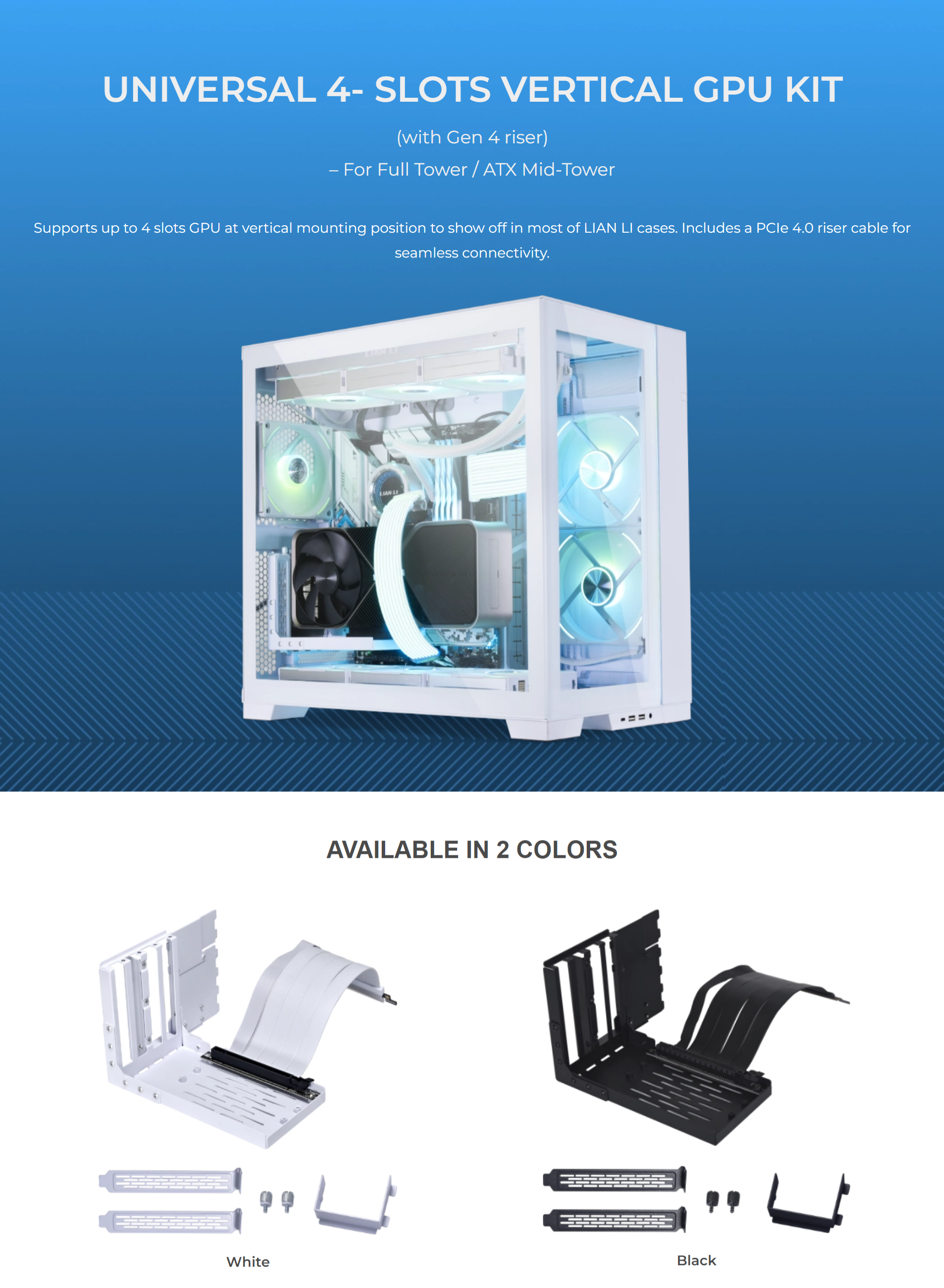 A large marketing image providing additional information about the product Lian Li VG4-4-V2X Universal 4 Slots Vertical GPU Kit with Gen 4 Riser - Black - Additional alt info not provided